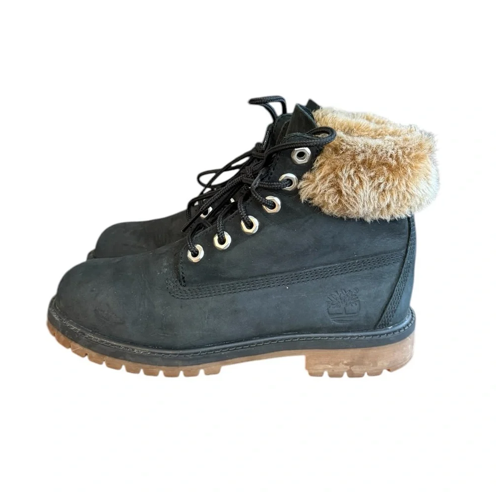 Timberland Boots Faux Fur Girls Size 4 Waterproof Black Leather